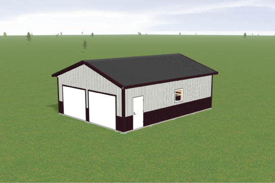 A digital rendering of a small barn-style building with a gray and black exterior. It features two large garage doors, a side entry door, and a small window. The building is situated on a vast open green field with a few distant trees.