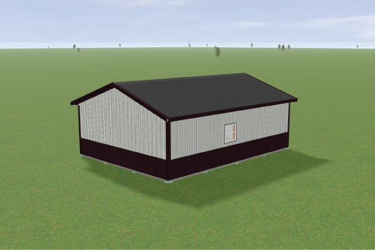A 3D-rendered image of a simple rectangular building with a black roof and gray walls, set against a vast grassy field under a partly cloudy sky. Small trees are scattered in the distance.