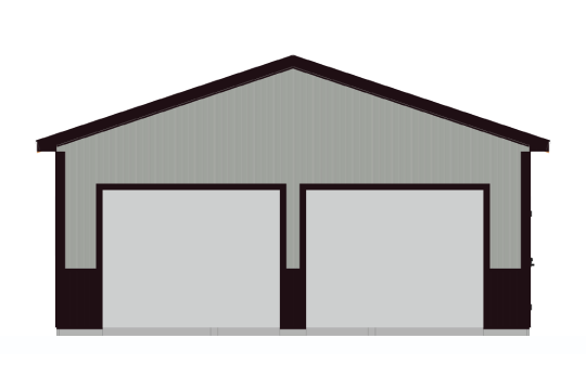 Illustration of a simple, symmetrical building with two large garage doors side by side. The structure has a dark roof and trim, with pale grey siding.