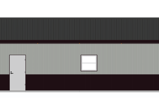 Illustration of a simple building with a dark roof, light gray siding, and a dark trim at the bottom. The front features a single door on the left and a window in the center. The building has a rectangular shape and a plain design.
