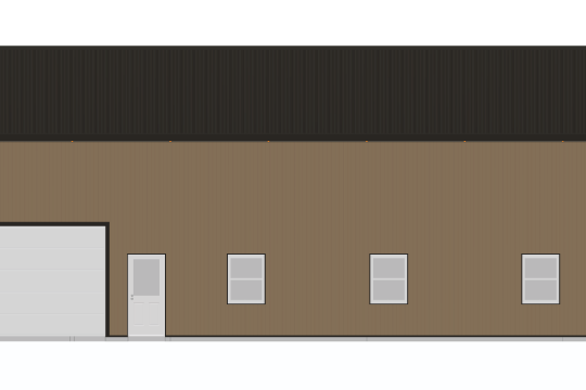 Illustration of a simple, rectangular building with a brown facade and a black sloped roof. The front features a white garage door, a white door, and three evenly spaced windows. The building has a minimalist design.