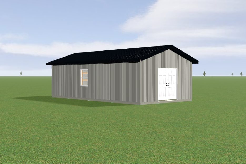 A gray, rectangular shed with a black roof and a white door stands on a vast, grassy field under a blue sky with scattered clouds. Sparse trees are visible in the distance.